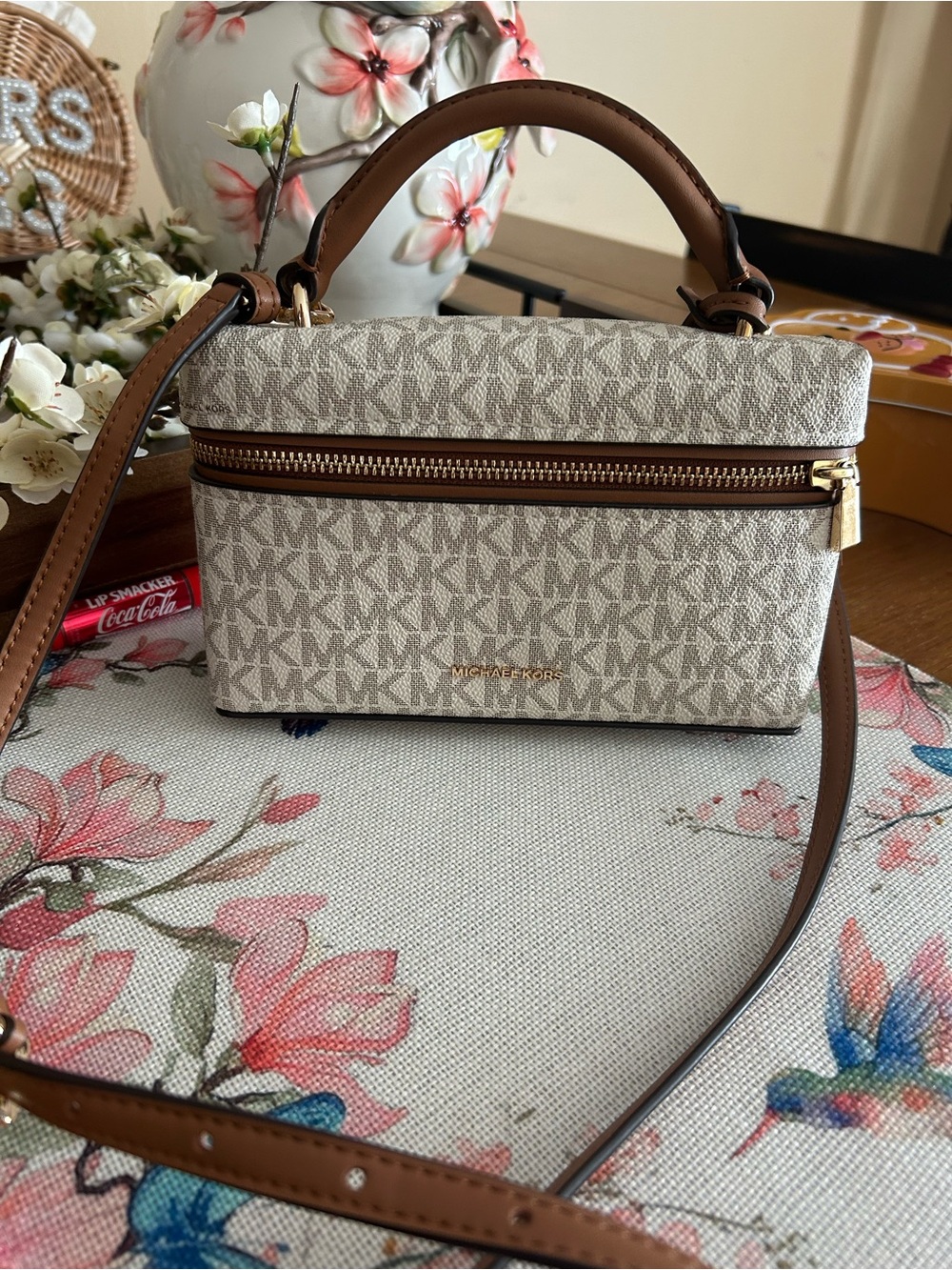 Michael Kors Beige and Brown Signature MK Canvas Crossbody Top-Handle Bag